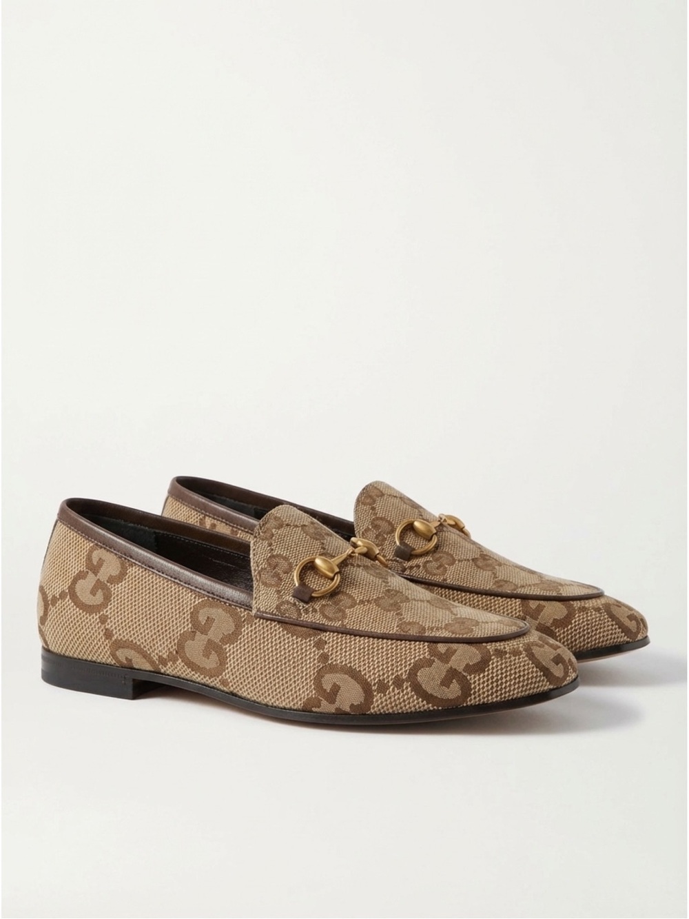 Gucci Brown Tan GG Canvas Horsebit Loafers Womens